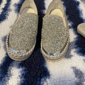 Unlisted Metallic Rhinestone Slip-On Flats in Silver and Cream